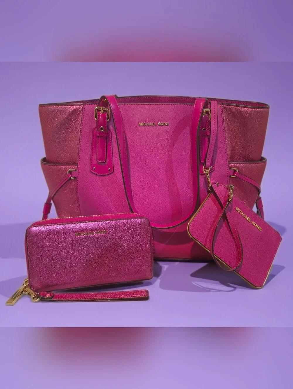 Michael Kors Hot Pink Metallic Jet Set Tote w/ Matching Accessories